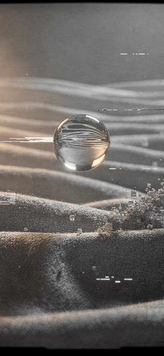 Glass Sphere Floating over Sand Dunes with Glitch Pixels