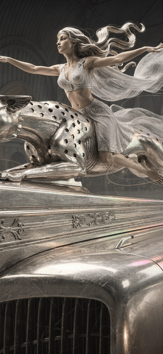 Woman Riding Metallic Leopard on Vintage Car
