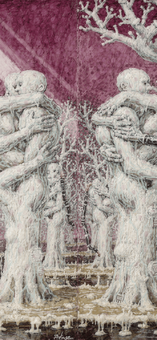 Embracing White Tree Figures in Purple Forest