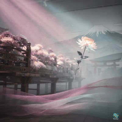 Chrysanthemums on Japanese Bridge with Mount Fuji