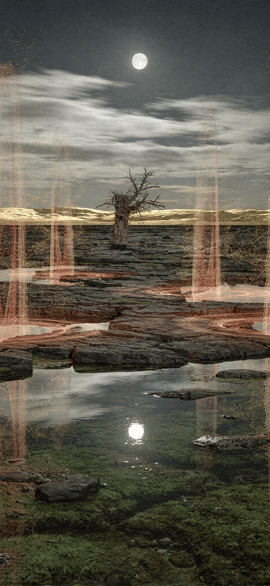 Glowing Fountains in Moonlit Wasteland