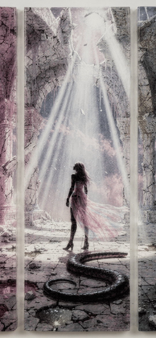 Woman and Serpent in Crumbling Cathedral