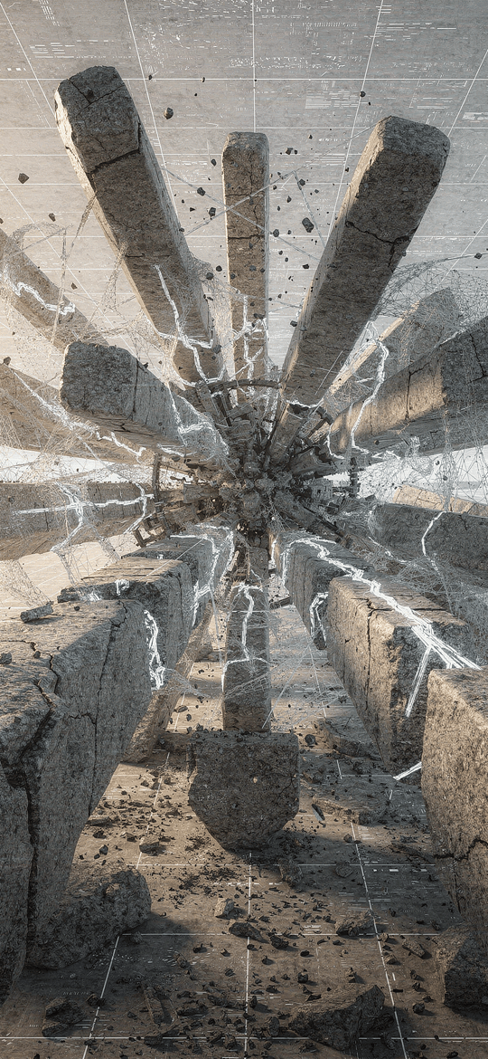Stone Pillars Bursting Outward over a Cracked Path