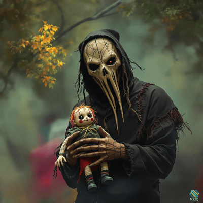 Hooded Skull Figure Holding a Doll