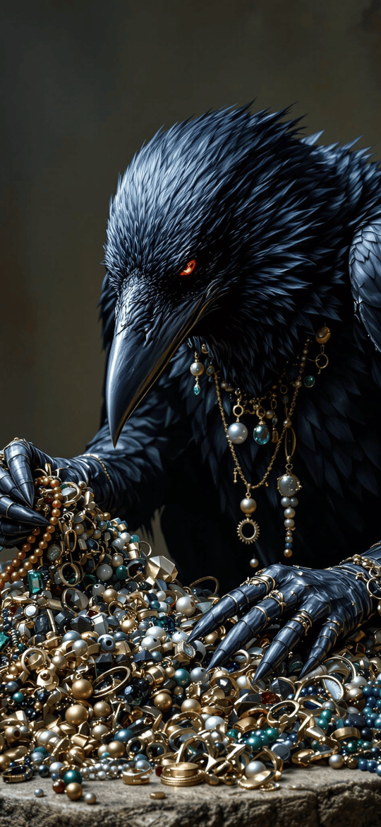 Black Raven Sorting Golden Jewelry
