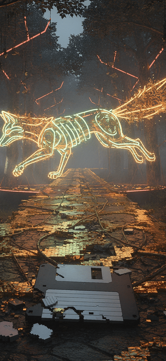 Neon Skeletal Fox Over Forest Path