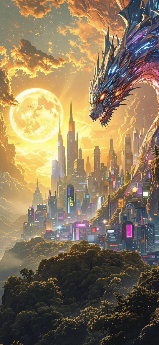 Crystal Dragon Over Neon Futuristic City