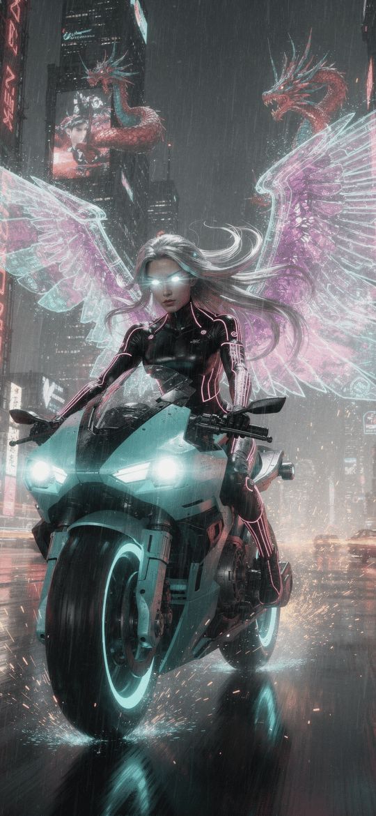 Winged Rider on Neon Motorcycle in Rain