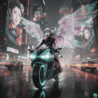 Winged Rider on Neon Motorcycle in Rain