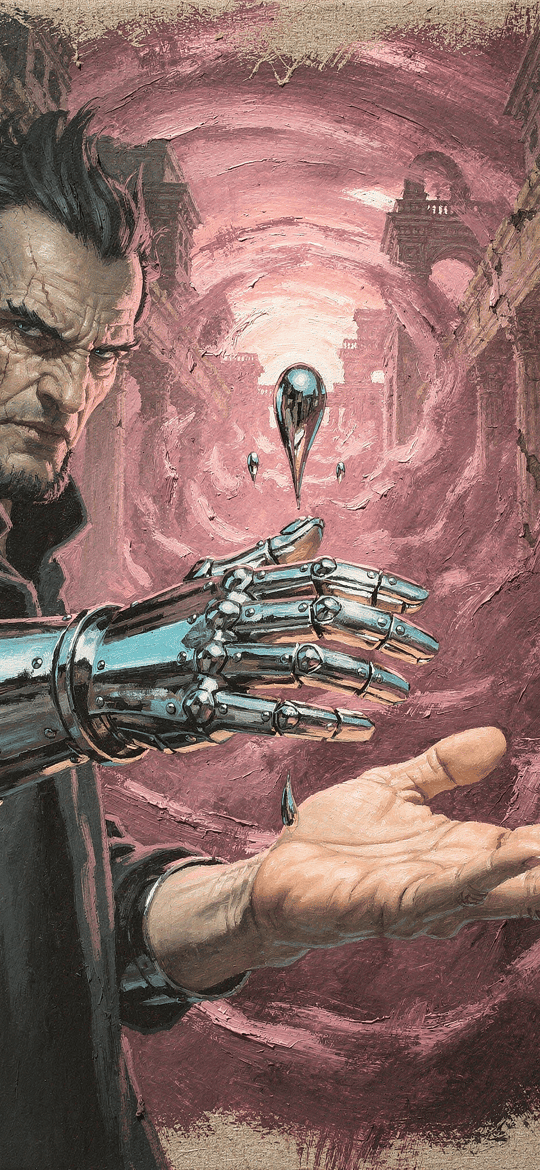 Stern Man with a Chrome Arm in a Crimson Hall