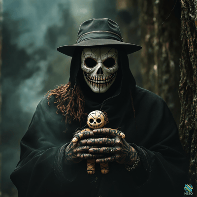 Hooded Skull Mask Figure Holding Voodoo Doll
