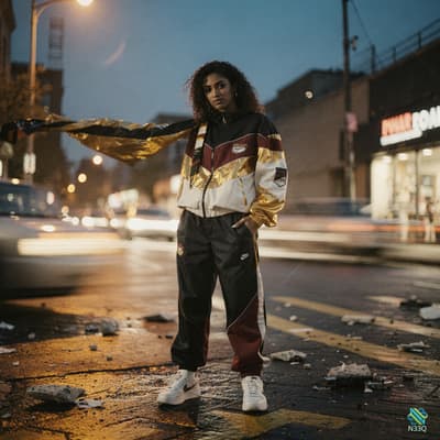 Woman in Gold Tracksuit on Wet Street