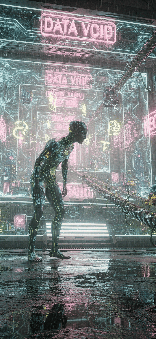 Stooped Android Before a Neon Data Void Screen