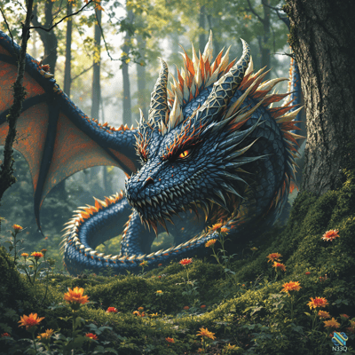 Blue Dragon Coiled in Forest Flowers