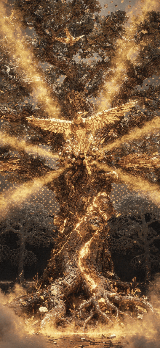 Golden Phoenix Rising from Radiant Tree