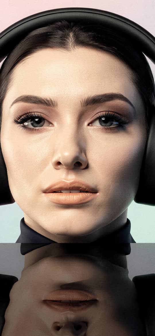 Woman Wearing Black Headphones with Reflection