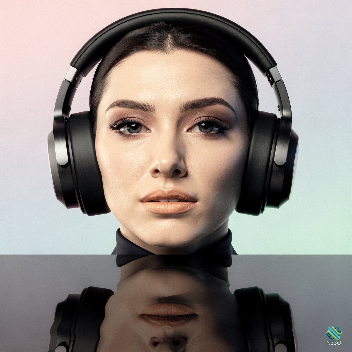 Woman Wearing Black Headphones with Reflection