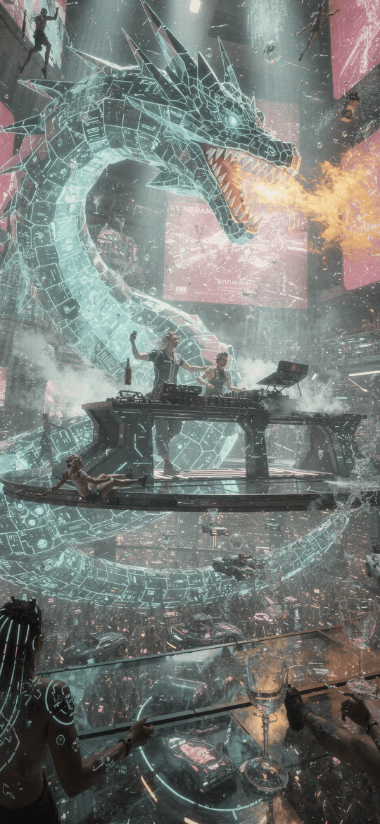 Cyber Dragon Coils Around Neon DJ Booth