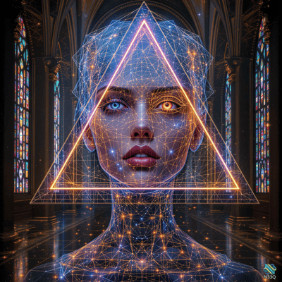 Woman with Glowing Triangle in Cathedral