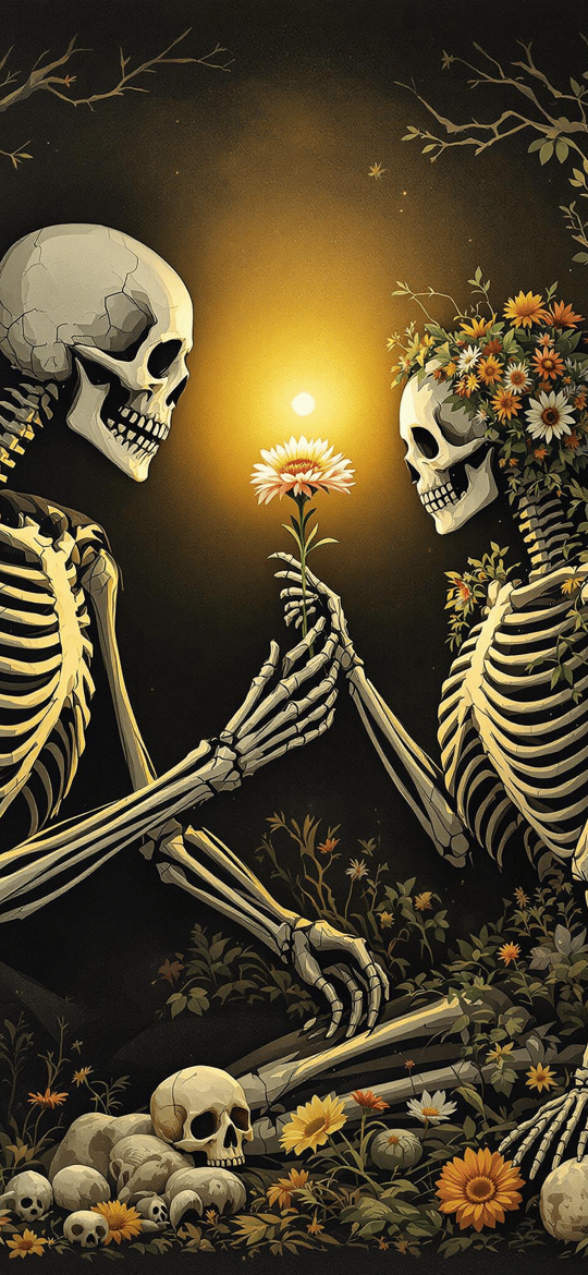 Skeletons Exchanging Flower in Moonlit Forest