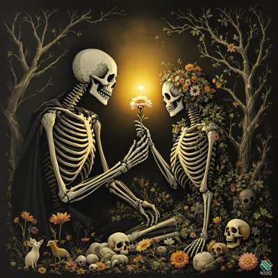 Skeletons Exchanging Flower in Moonlit Forest