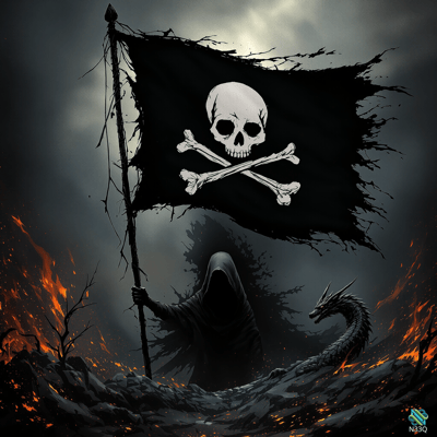 Hooded Figure with Tattered Pirate Flag