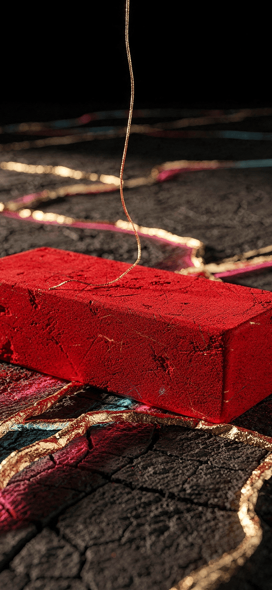 Red Brick on Cracked Ground with Glowing Threads