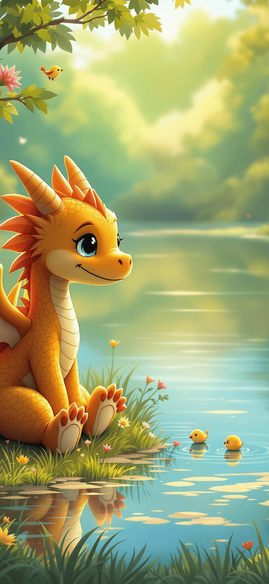Orange Dragon Sitting by Forest Pond