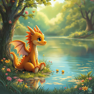 Orange Dragon Sitting by Forest Pond