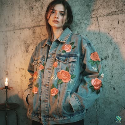 Woman in Rose-Embroidered Denim Jacket