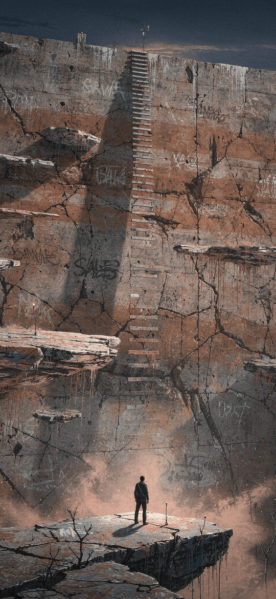Lone Figure Before Massive Cracked Wall