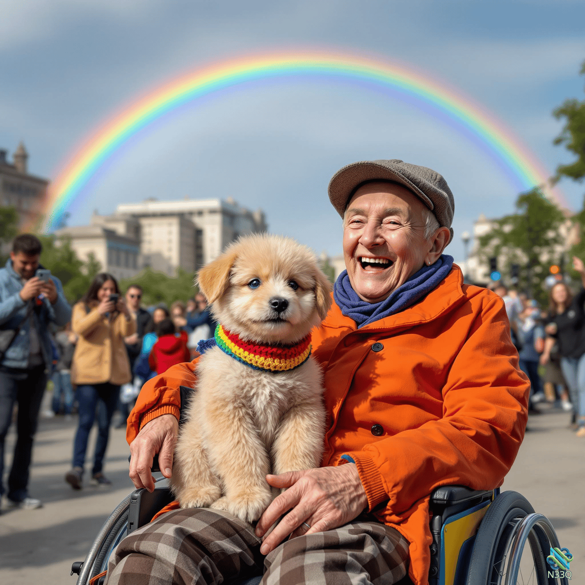 Elderly Man Laughing with Puppy Under Rainbow
