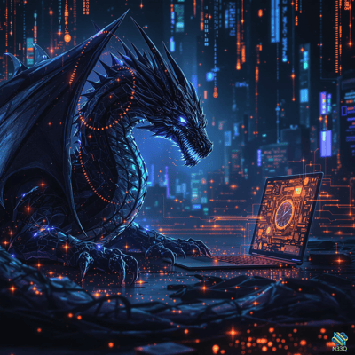 Neon Dragon With Futuristic Laptop