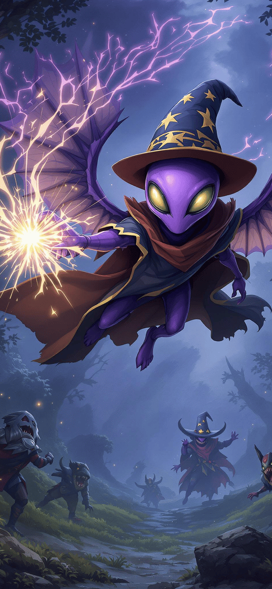 Purple Alien Wizard Flying in Forest