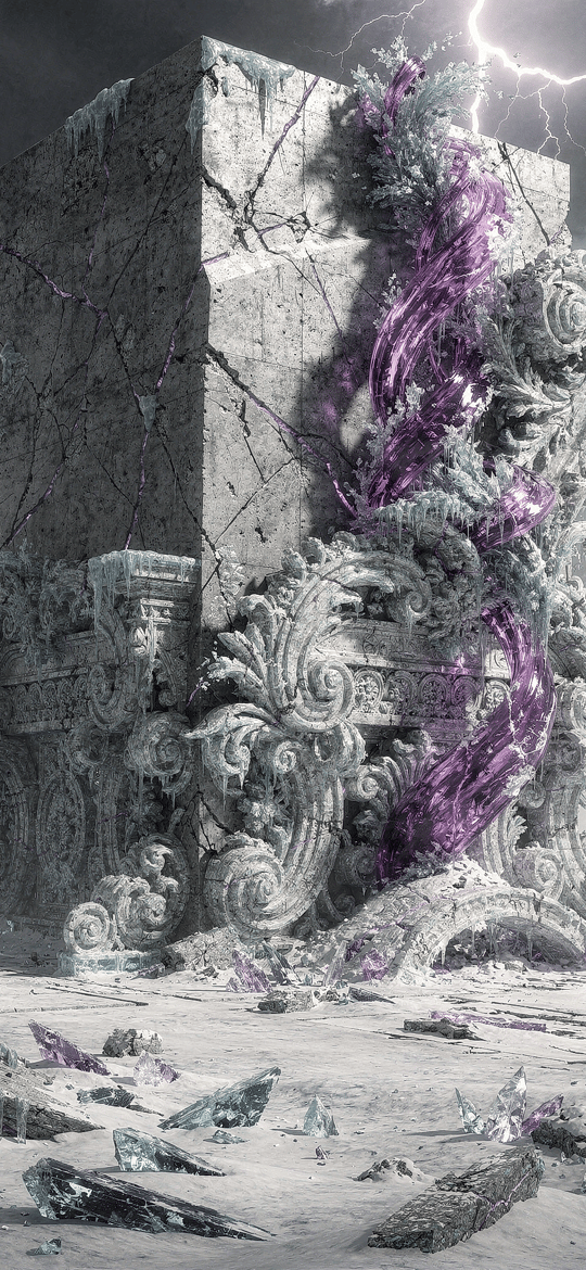 Frozen Ruins with Purple Energy Vortex