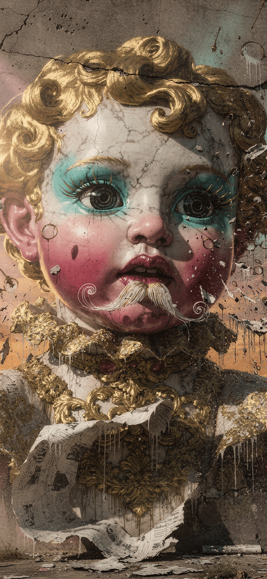 Cracked Mural of Child with Mustache