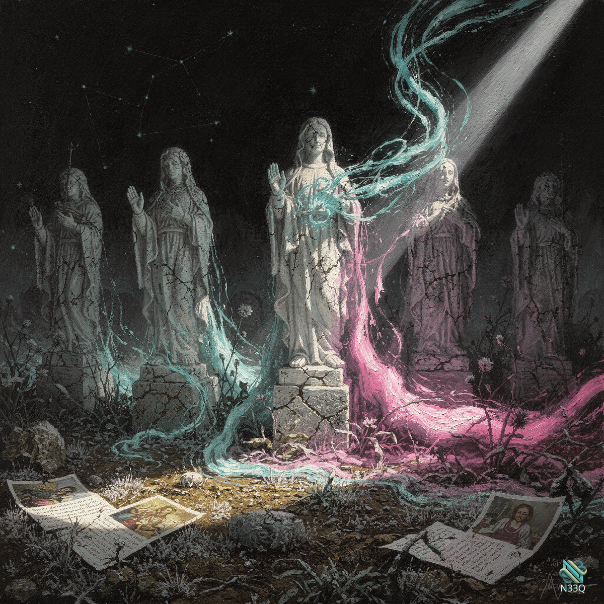 Stone Saints with Swirling Cyan Energy