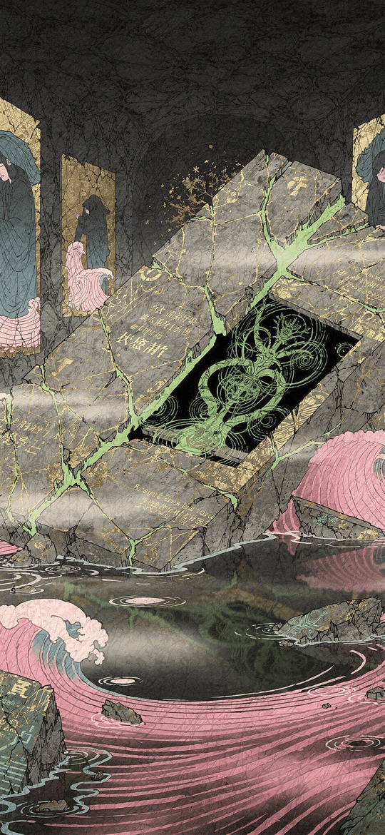 Shattered Tablet Amid Crashing Pink Waves