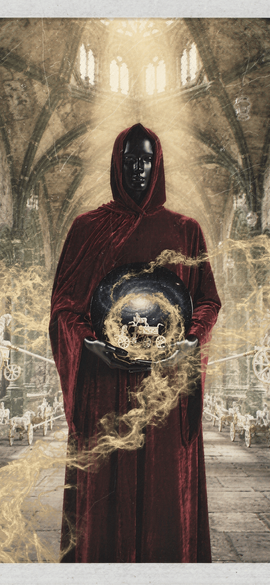 Hooded Figure Holding Orb of Carriages in Cathedral