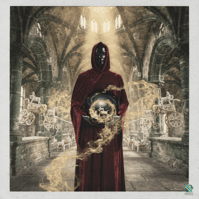 Hooded Figure Holding Orb of Carriages in Cathedral