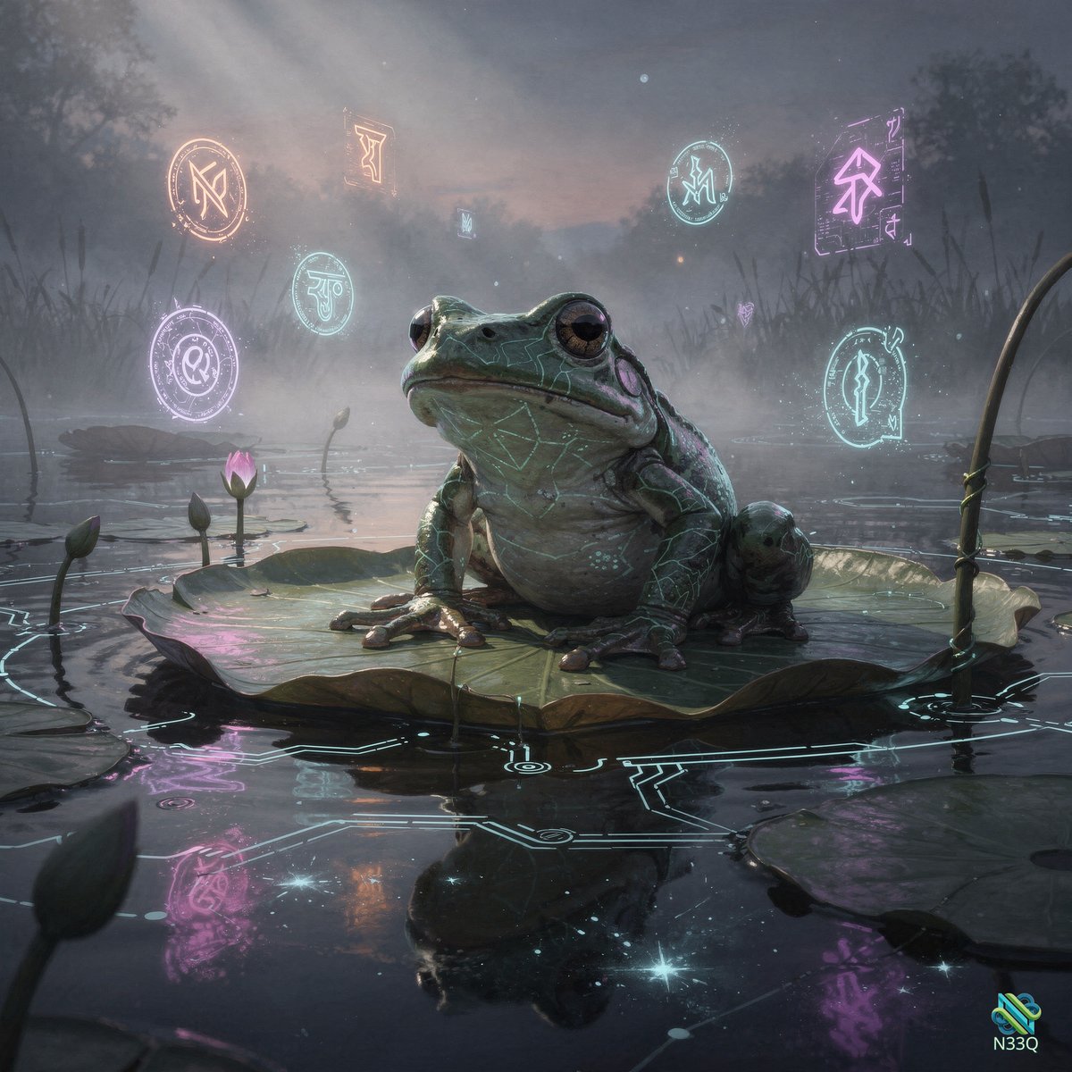 Mystical Frog with Glowing Runes on Lily Pad