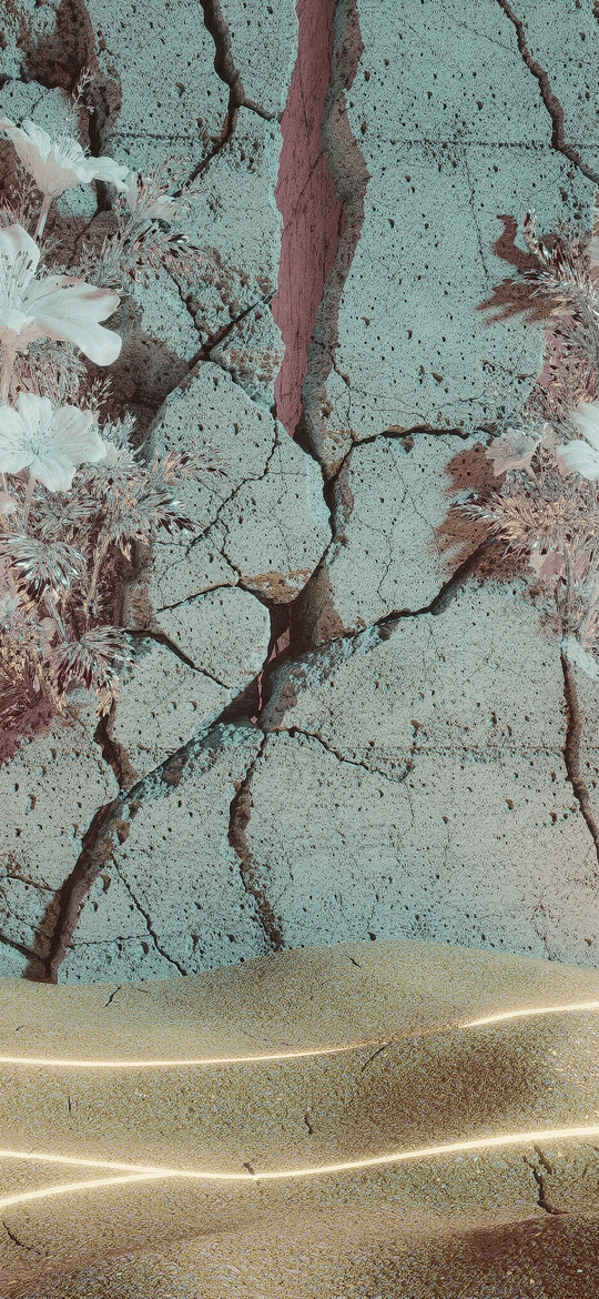 Cracked Stone Slabs Sprouting White Flowers in Glowing Sand