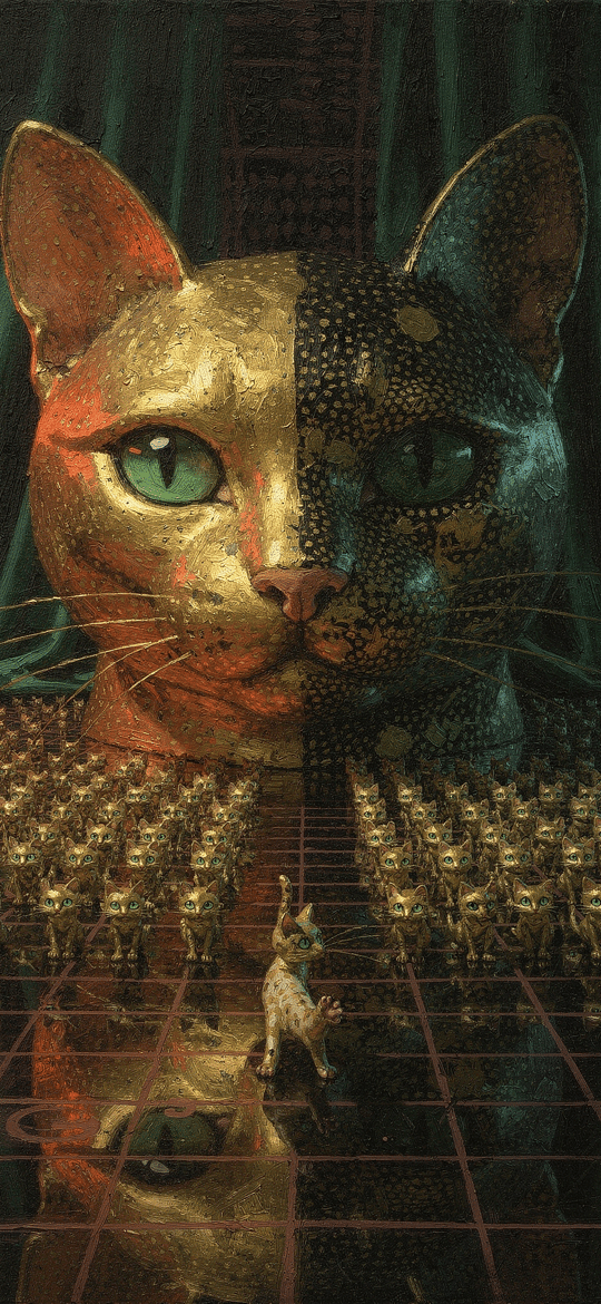 Split-Faced Cat Overlooking Golden Cat Army