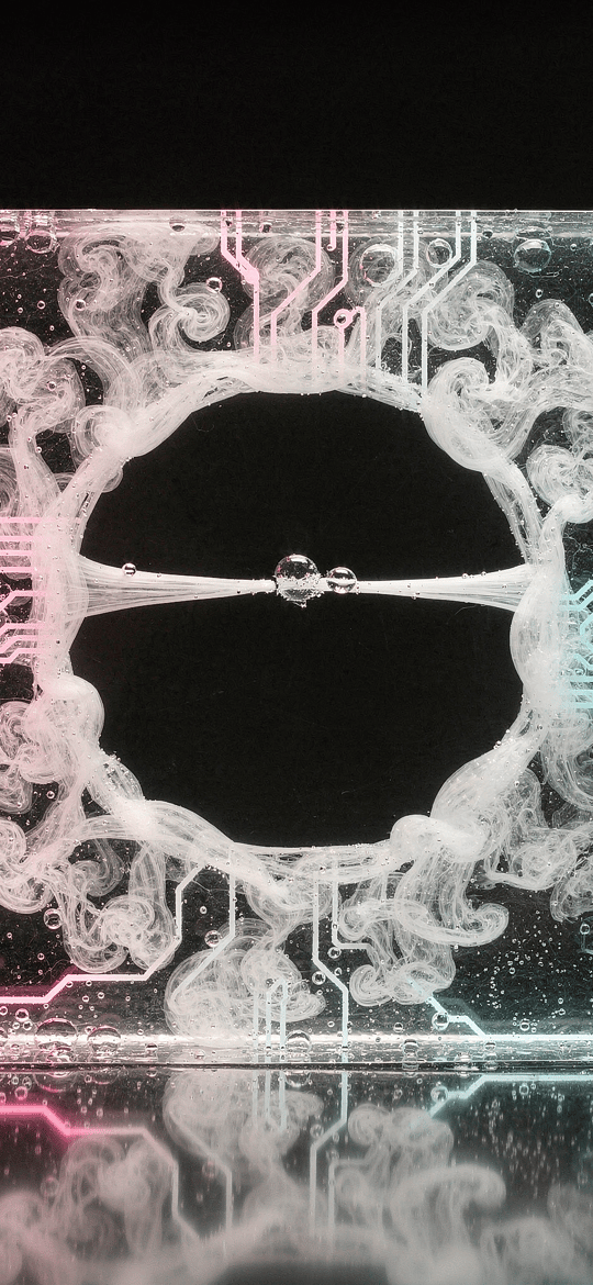 Smoke Ring Inside a Glass Block with Neon Circuits