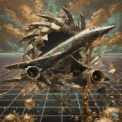 Jetliner Shattering Through Digital Grid Portal