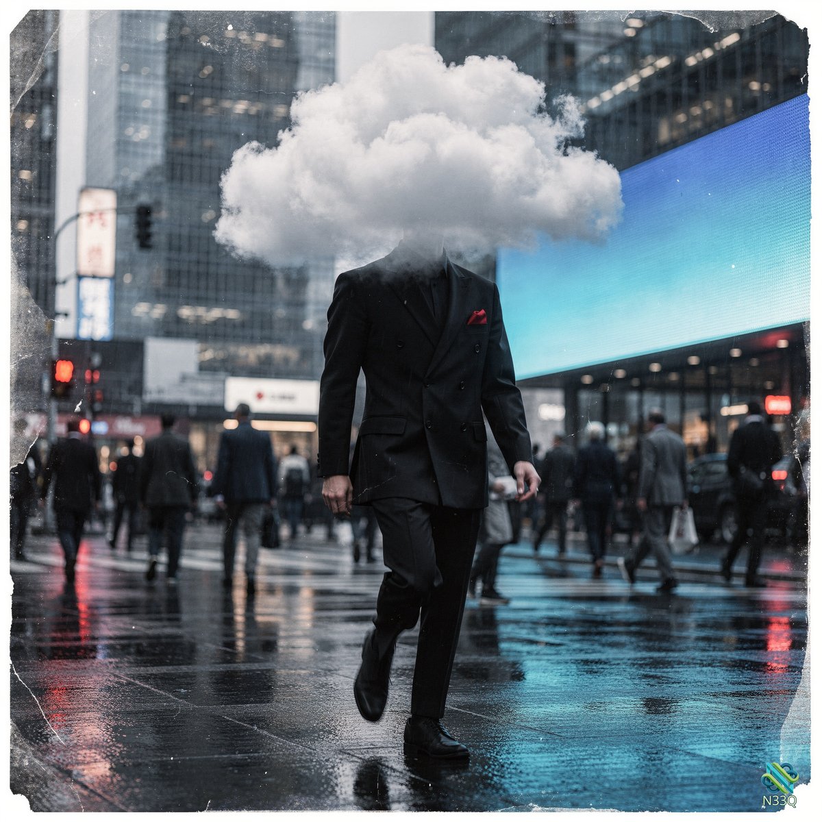 Businessman with Cloud Head in Rainy City