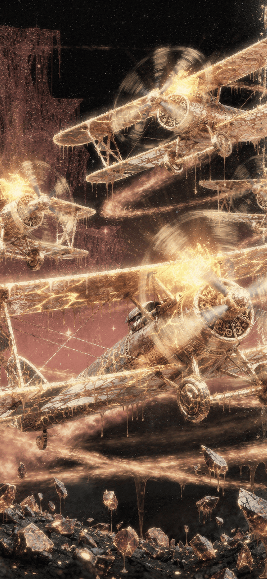 Glowing Biplanes Swirling in Golden Vortex