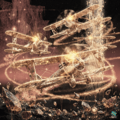 Glowing Biplanes Swirling in Golden Vortex