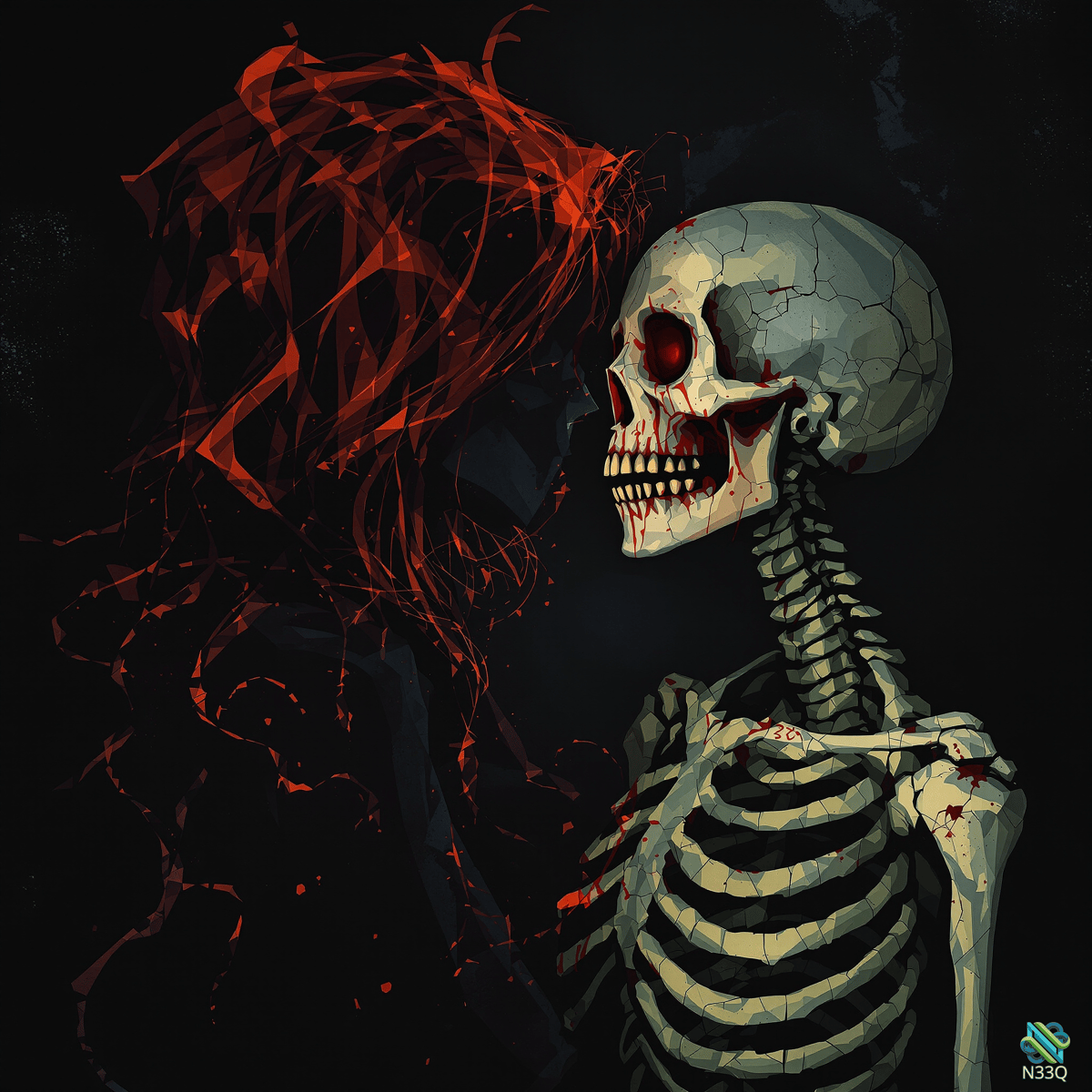 Skeleton with Flowing Red Hair