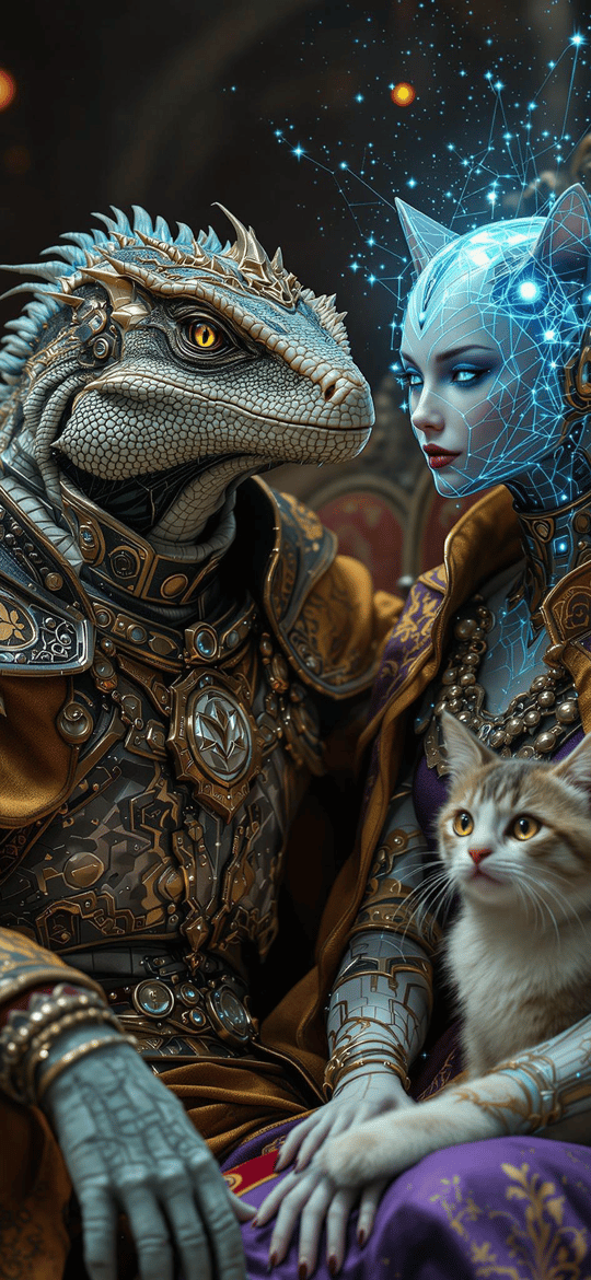 Lizard Warrior and Cyber Catwoman with Cat